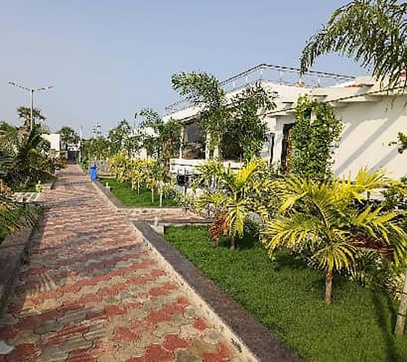 Brick pathway through palms at the resort